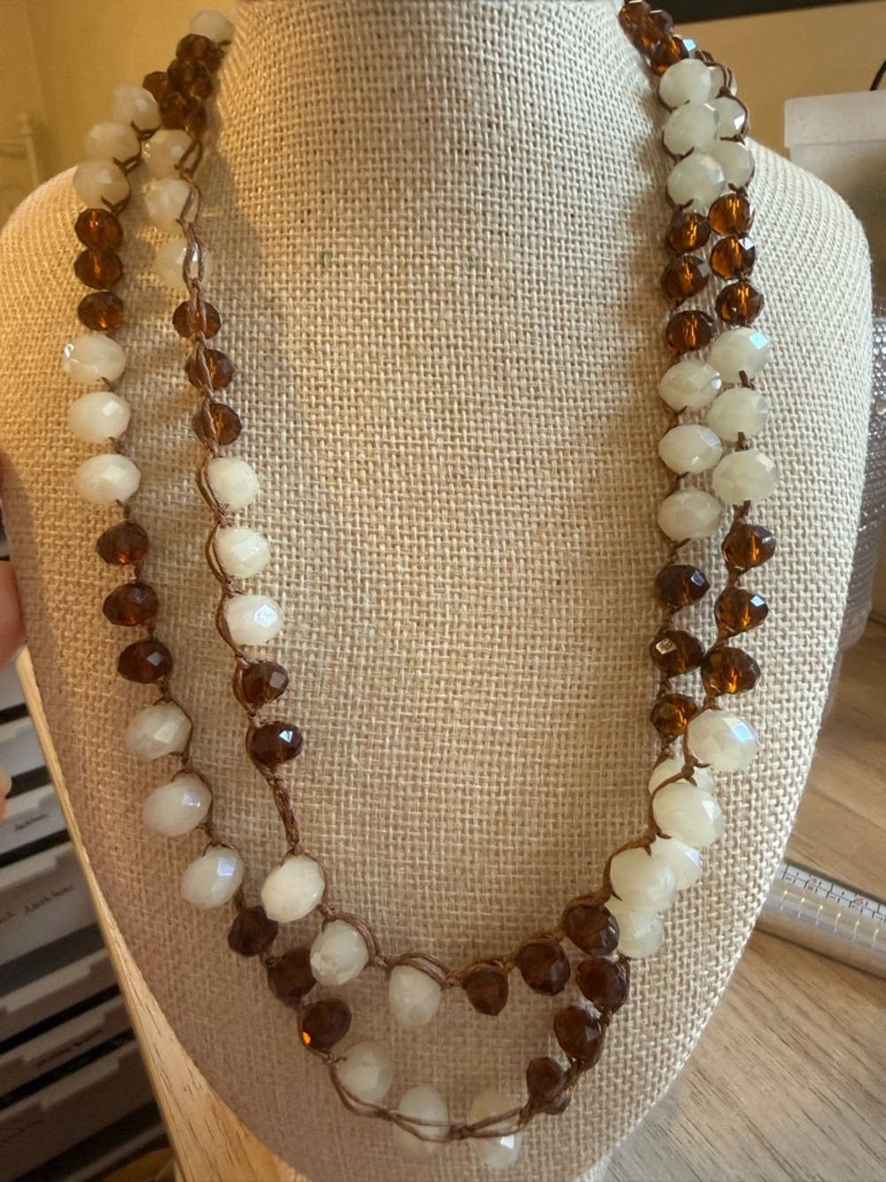 Single Strand Brown and Cream Beaded Women's Necklace